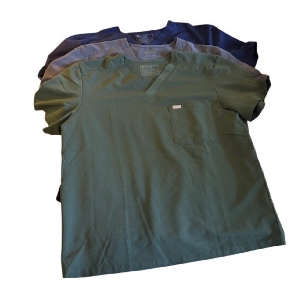 Figs Men's Scrub Tops Lot of 3 XL Olive Grey Navy V-Neck PO2432 PO2433 PO3468